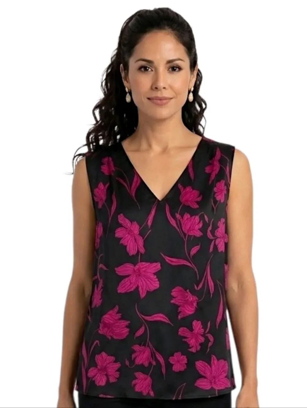 Banana Republic Black & Fuchsia Floral Print Sleeveless V-Neck Blouse Size XL